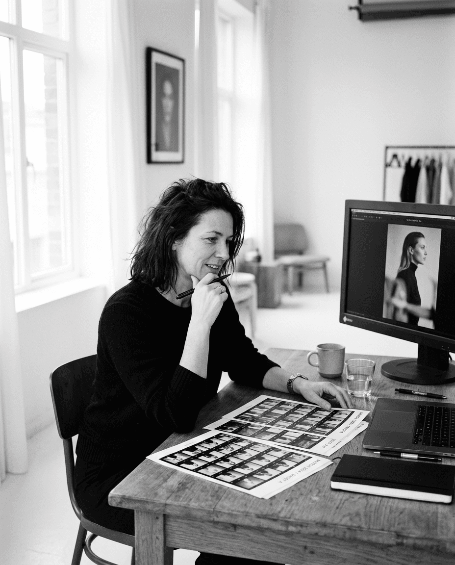 The studio's creative director at a desk with printed contact sheets