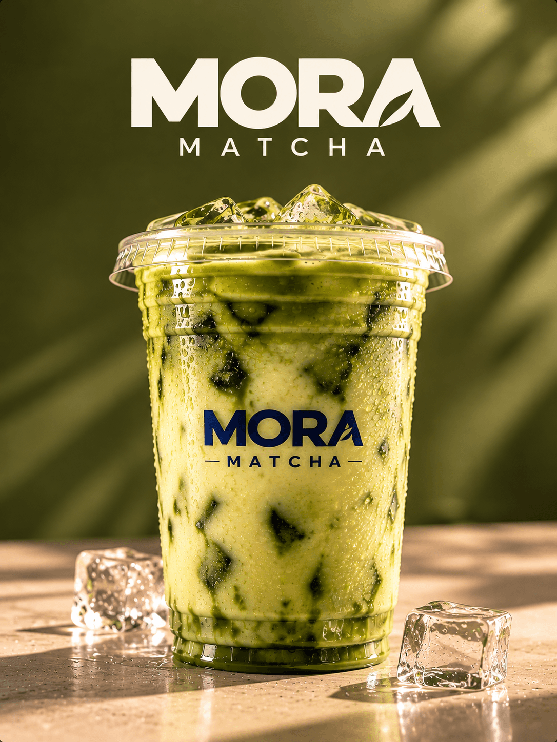 Mora Matcha iced drink in a clear cup with ice and condensation