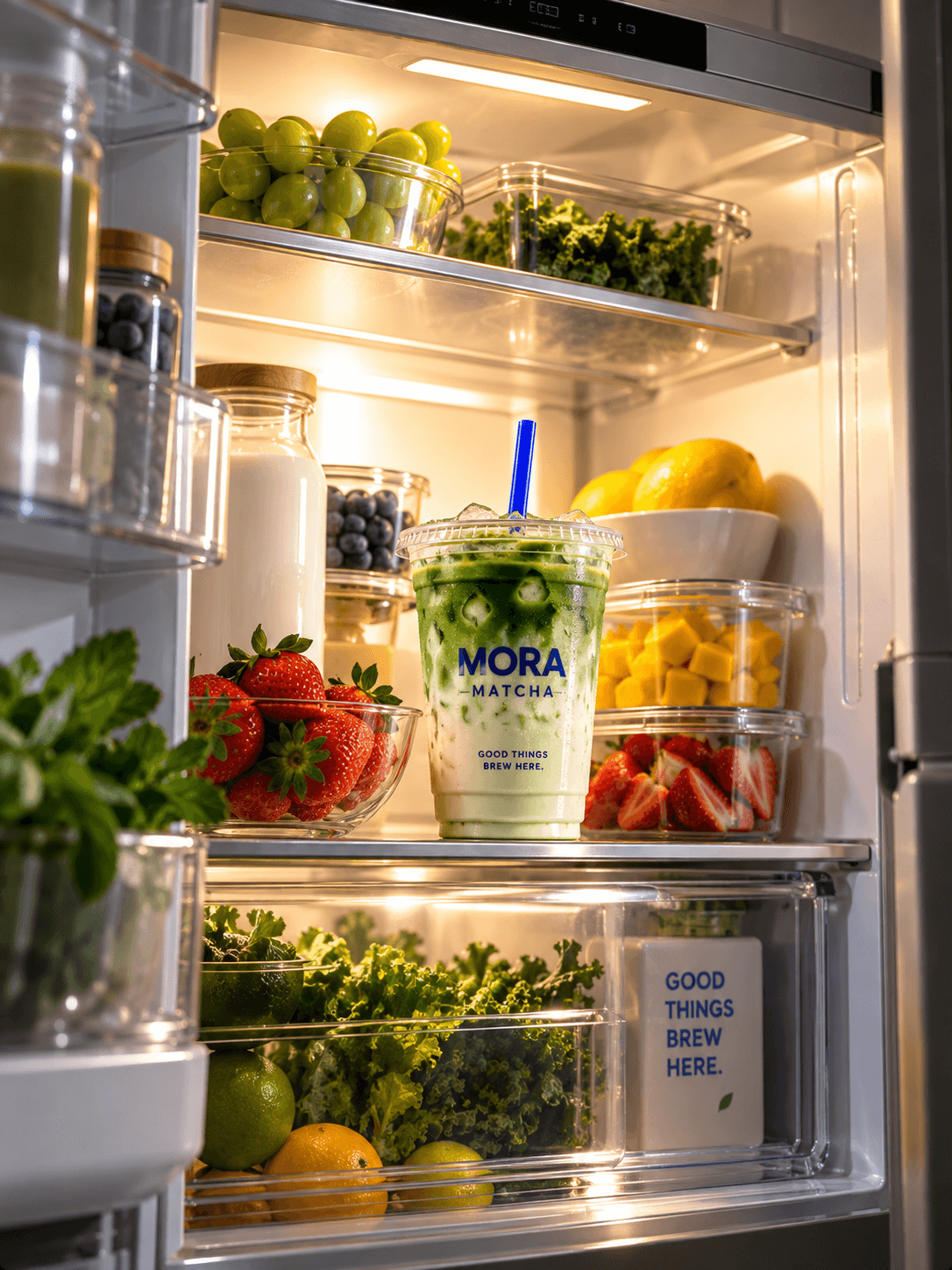 Mora Matcha drink styled inside a refrigerator among fresh ingredients