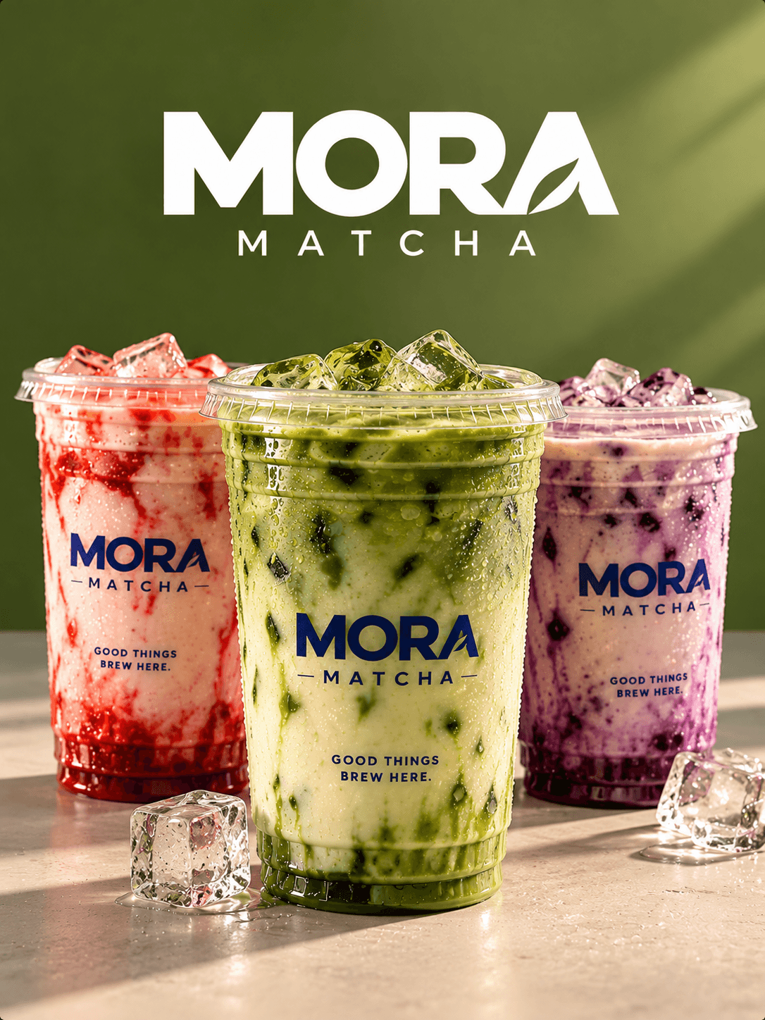 Three colorful Mora Matcha drinks arranged together on a table