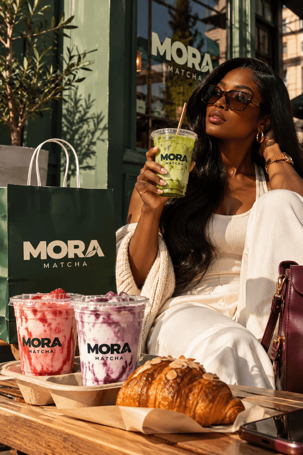 Woman enjoying a Mora Matcha drink outside a café with branded bags and cups