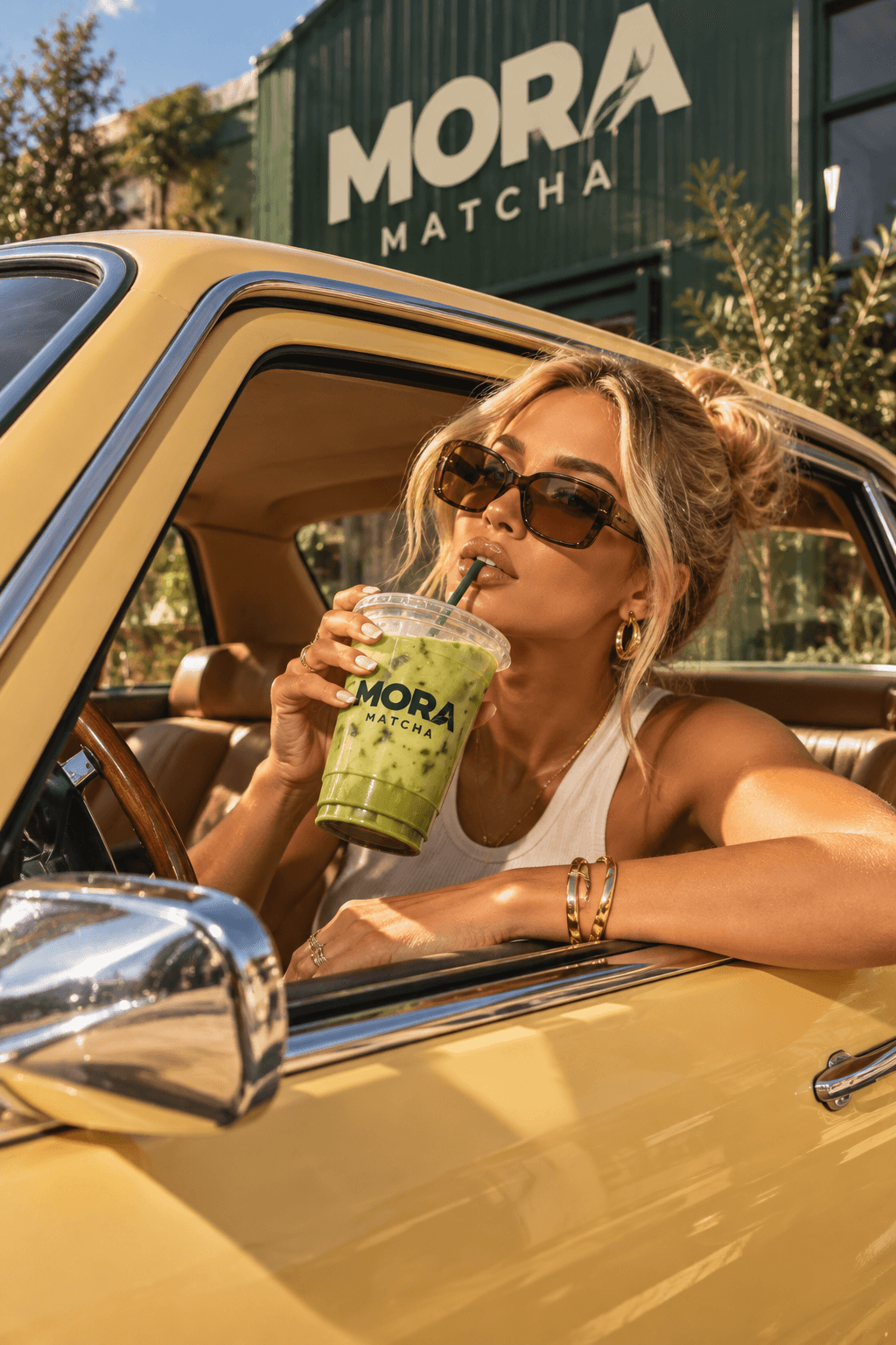 Woman holding a Mora Matcha drink while sitting in a vintage car