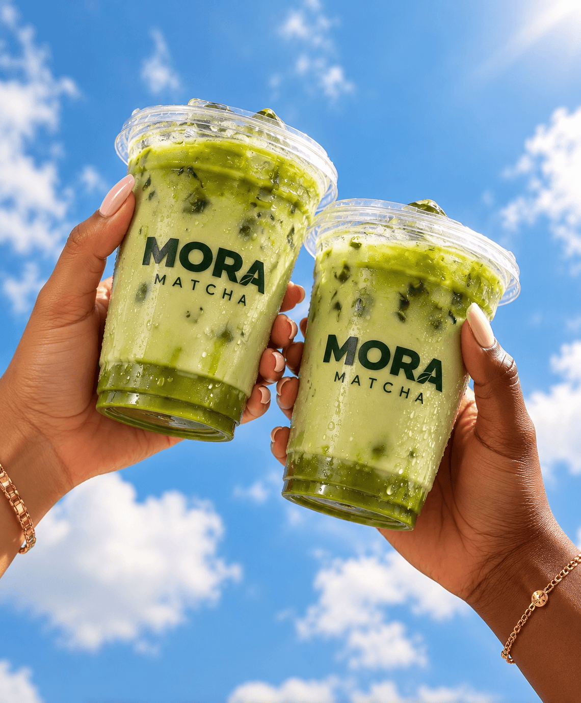 Two hands holding Mora Matcha drinks against a bright blue sky