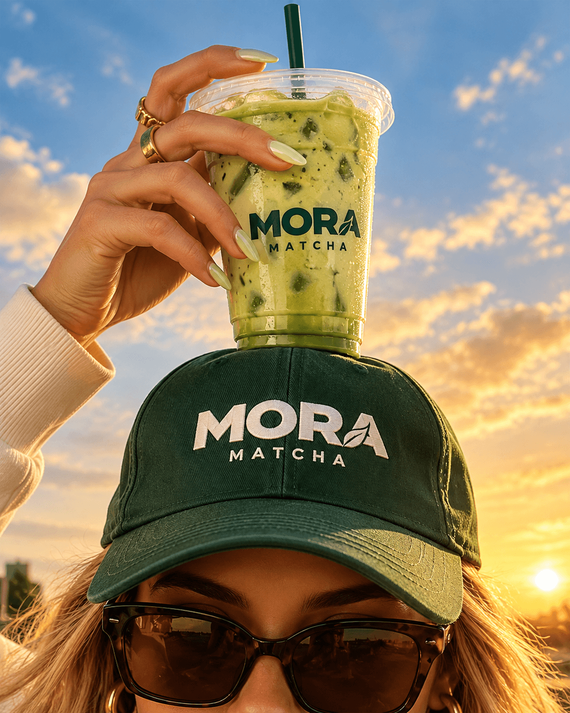 Mora Matcha drink balanced on a branded cap at sunset