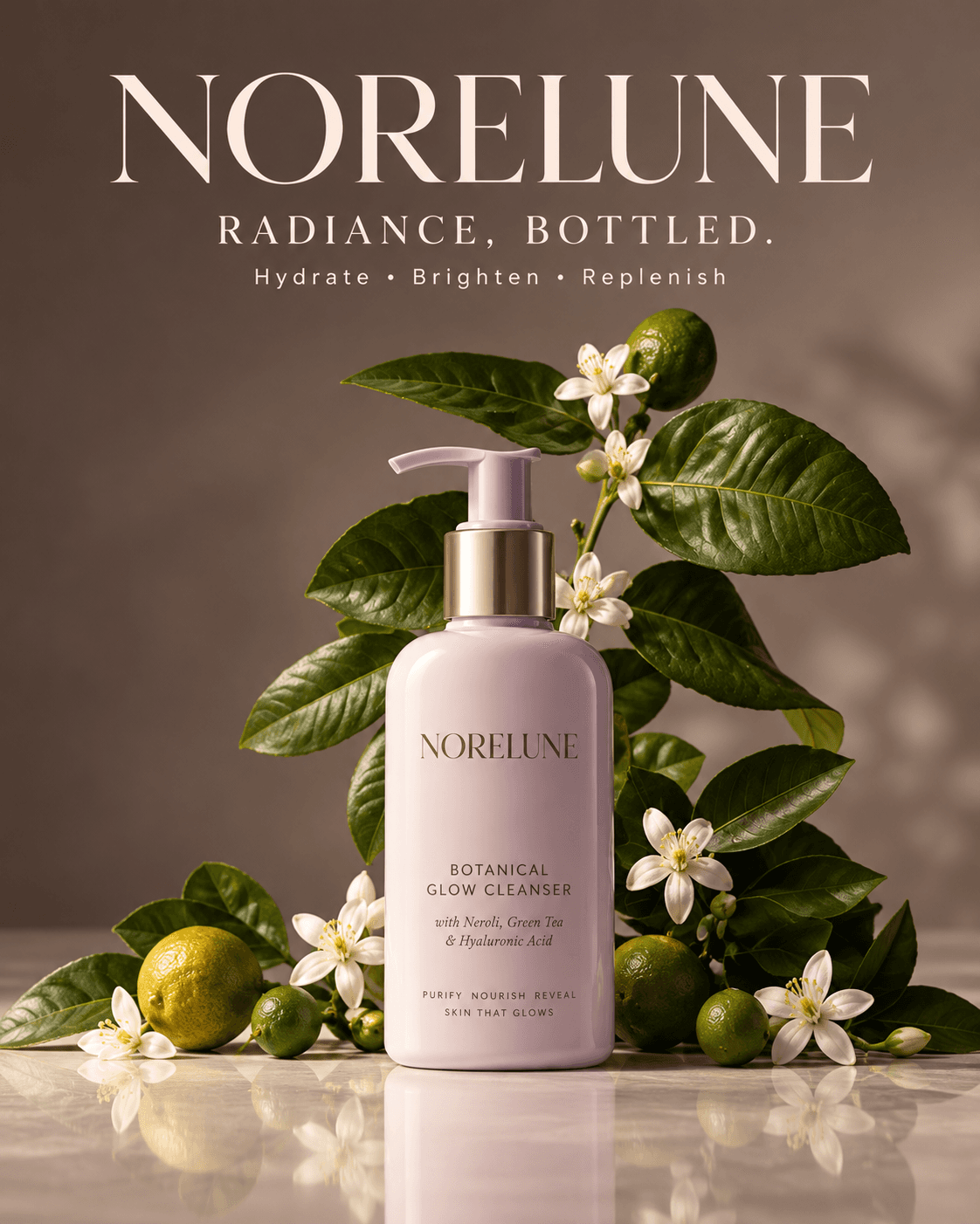 NoreLune botanical glow cleanser surrounded by leaves, citrus and white flowers