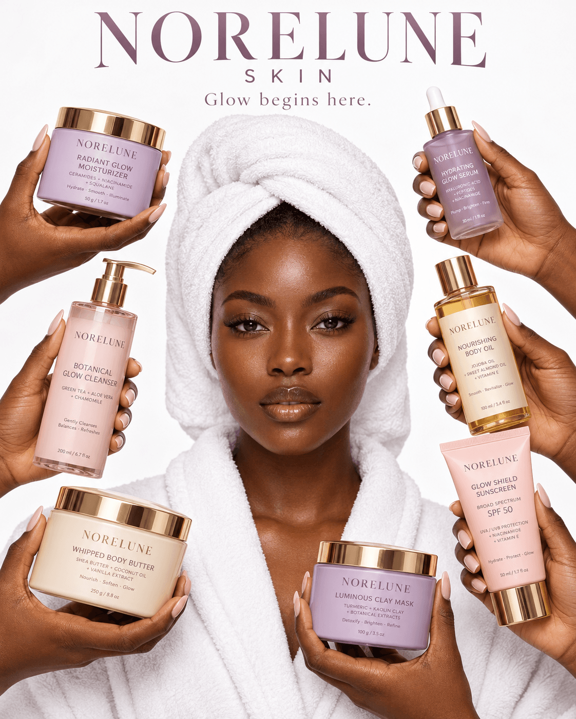 Skincare portrait surrounded by multiple NoreLune products on a clean white background
