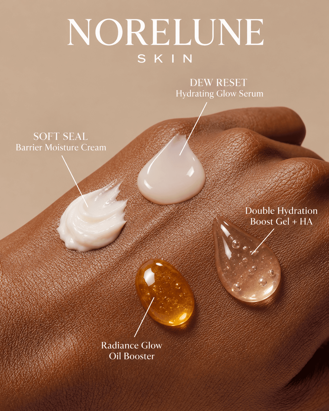 NoreLune skincare textures including moisturizer, serum, gel and glow oil on skin