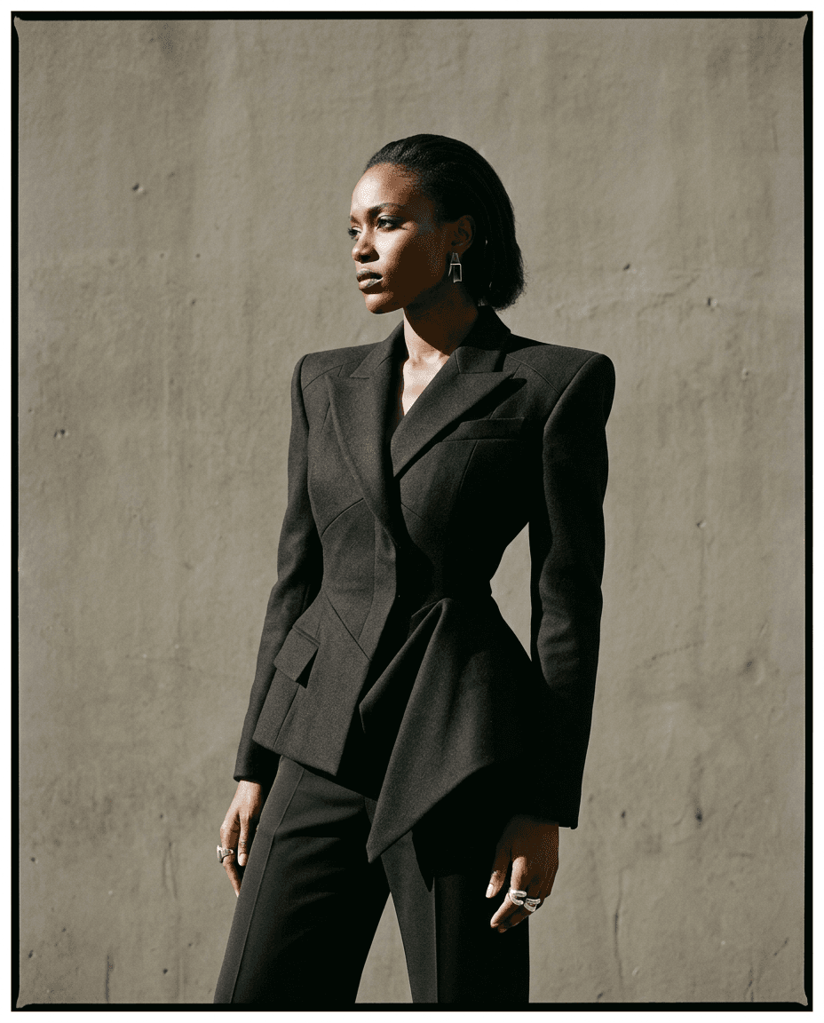 Model in a sculptural black tailored jacket against a grey wall