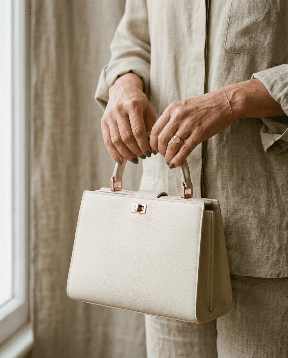 Hands holding a structured cream leather handbag