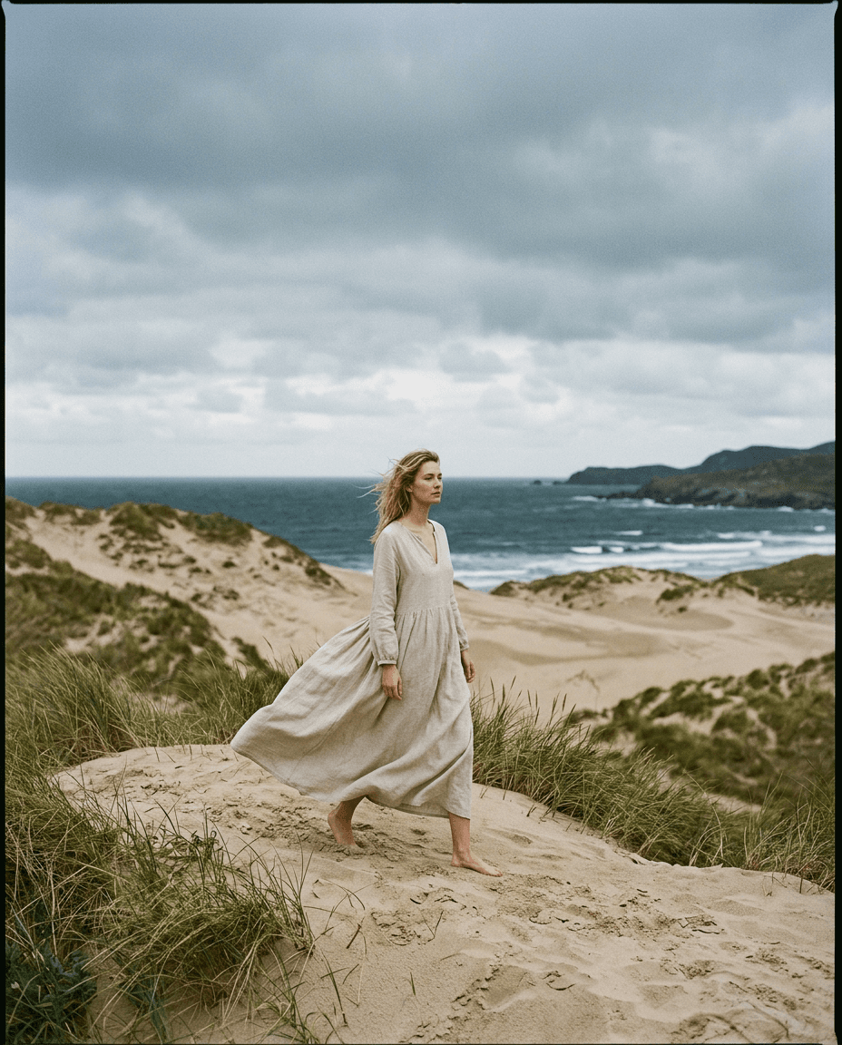 Model walking across an empty dune in an oatmeal linen dress
