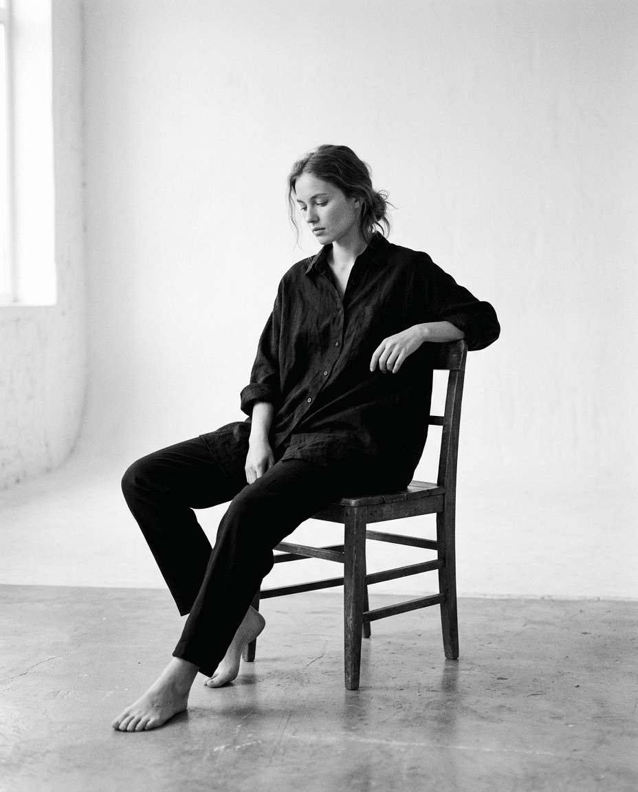 Black and white portrait of a model seated on a wooden chair
