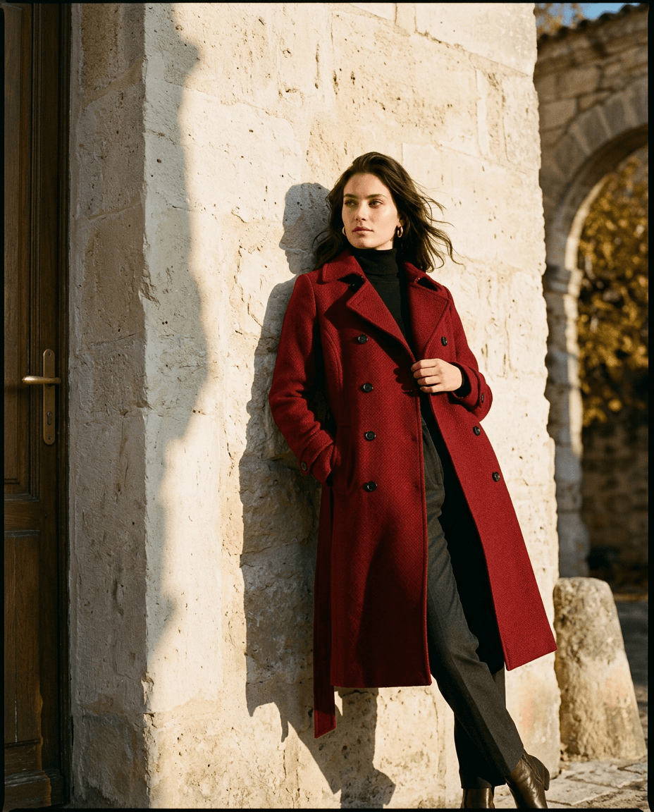 Model in a deep red wool coat leaning against a stone wall