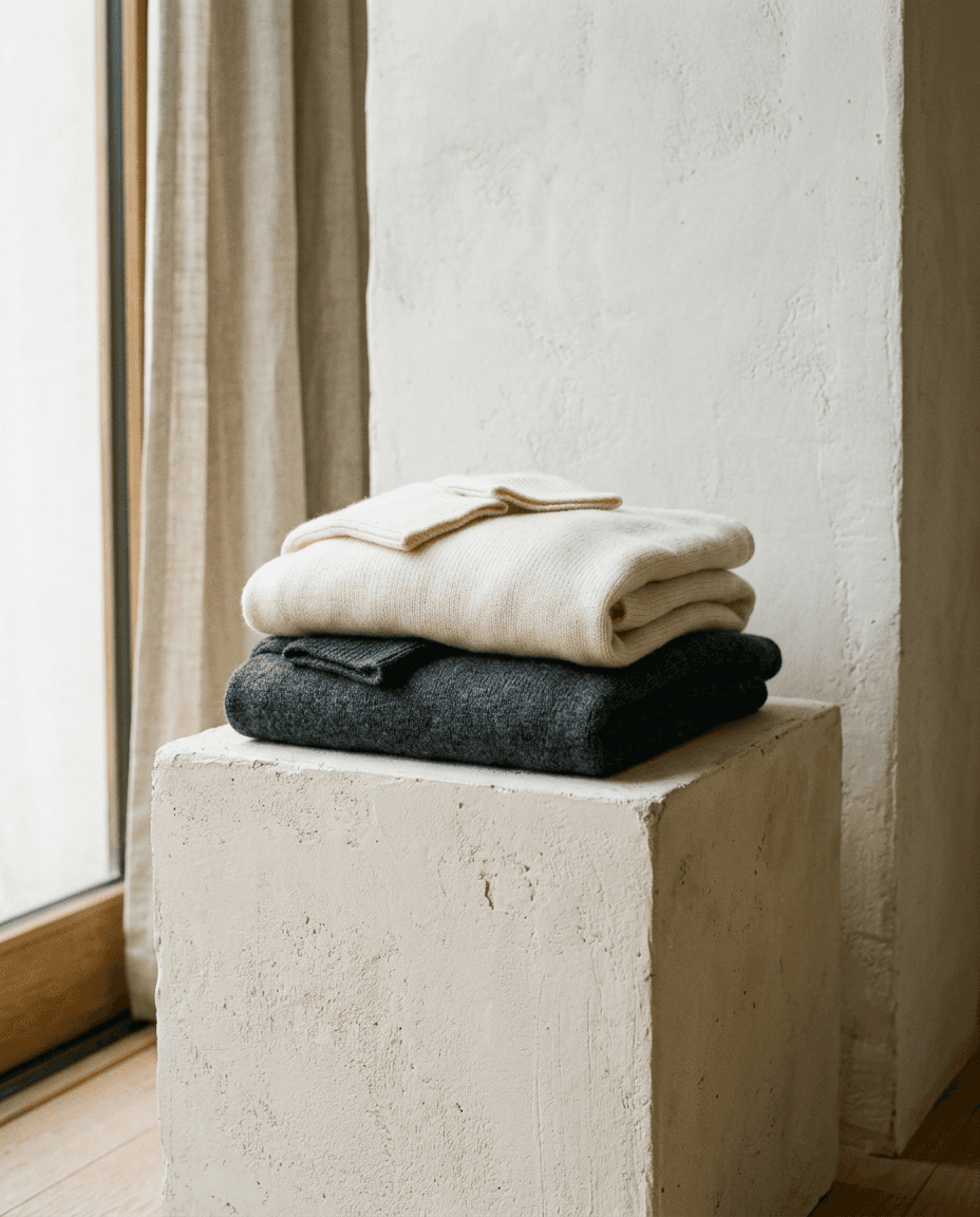 Folded cashmere knitwear stacked on a plaster plinth